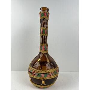 Amber Glass Wine Decanter Genie Bottle‎ Multi-Color Woven Vinyl 13-1/2 inches